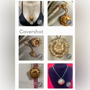 SAUTEUR COPYRIGHT RENIOR STARBURST BRUSHED GOLD FORAL PENDANT BROOCH NECKLACE